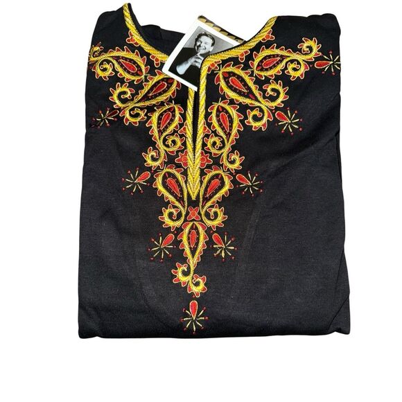 Bob Mackie Womens 3X Embroidered Bombay Tunic Top Black Yellow Side Slits NWT - Picture 1 of 6